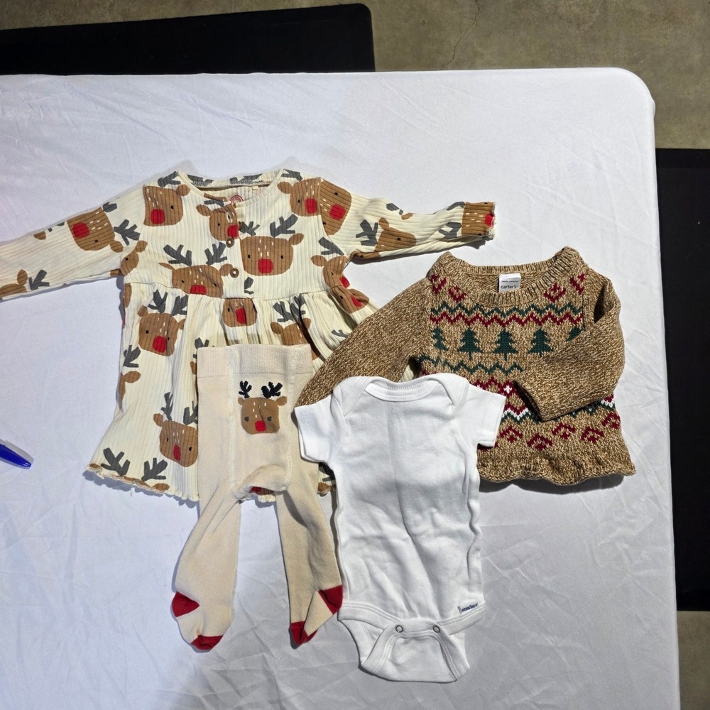 Baby Girls Christmas Holiday Bundle Reindeer Dress Tights Sweater Bodysuit 4pc